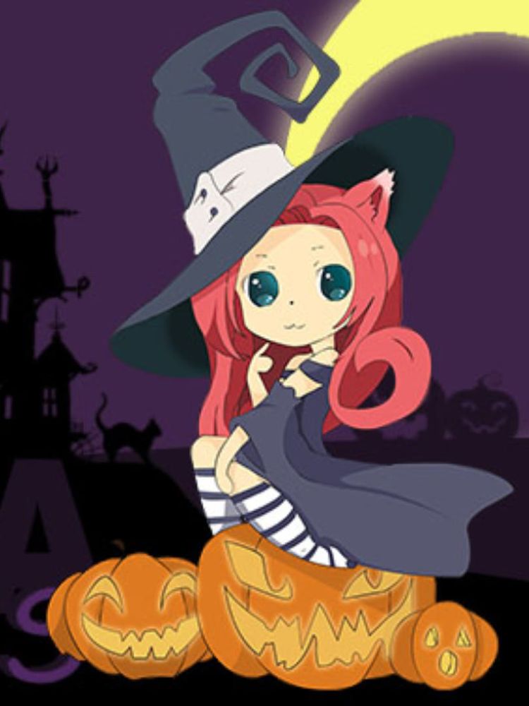 Dibujo de Tin con orejas de gato y sombrero de bruja, sentada sobre calabazas talladas, con fondo de casas embrujadas. Feliz Halloween