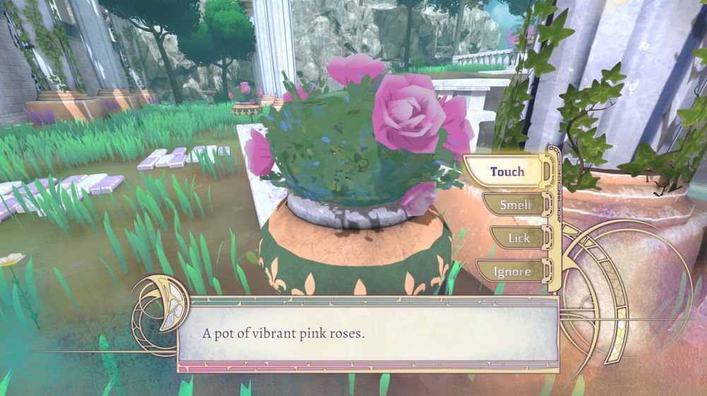 You see a pot of roses in the rpg game Tower of Creation. You can choose either to touch, smell, lick or ignore it.