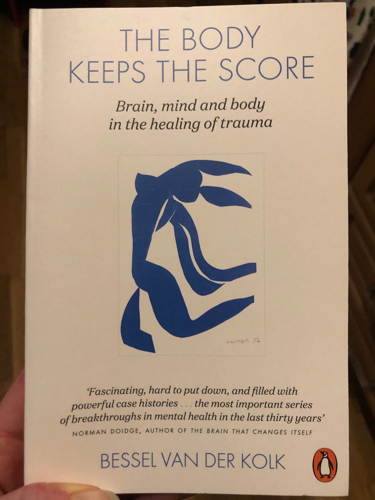 A book written by Bessel van der Kolk called ‘The body keeps the score: Brain, mind and body in the healing of trauma’. It is published by Penguin and it has a cream background with a free flowing blue form on the front, which looks like a body in motion (to me anyway). 