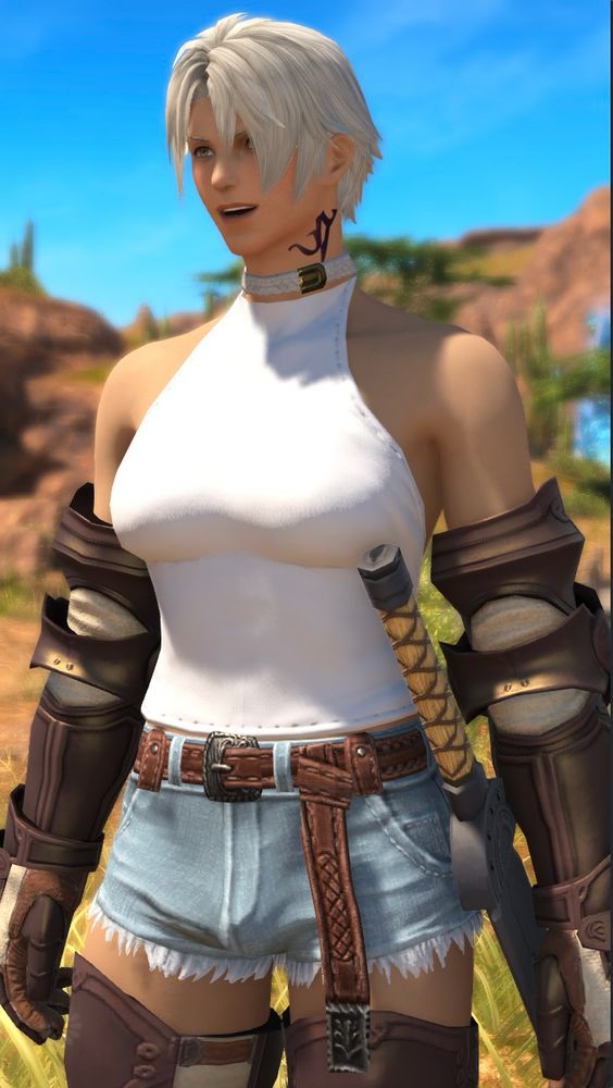 butch thancred in a tight tank top,  daisy dukes with packer, and armoured gauntlets and greaves