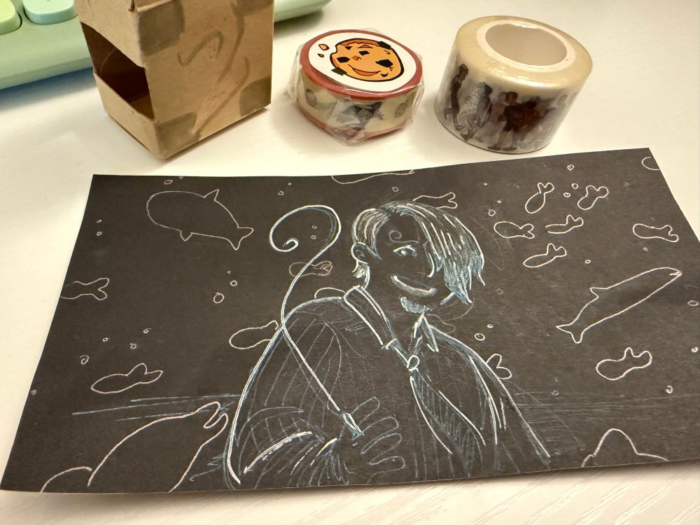 Two rolls of washi tape and a hand-drawn picture of Sanji from One Piece, talking about the All Blue