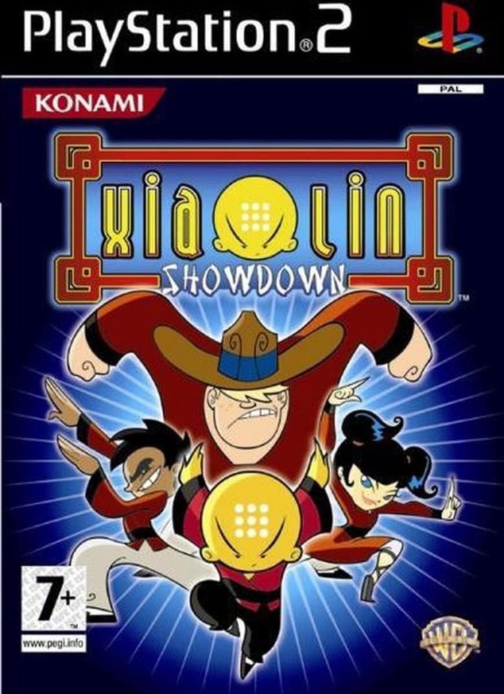 Box art for the Konami-published arena brawler based on the cartoon series “Xiaolin Showdown” portraying 4 cartoon characters in red martial arts clothing below a stylized logo.
