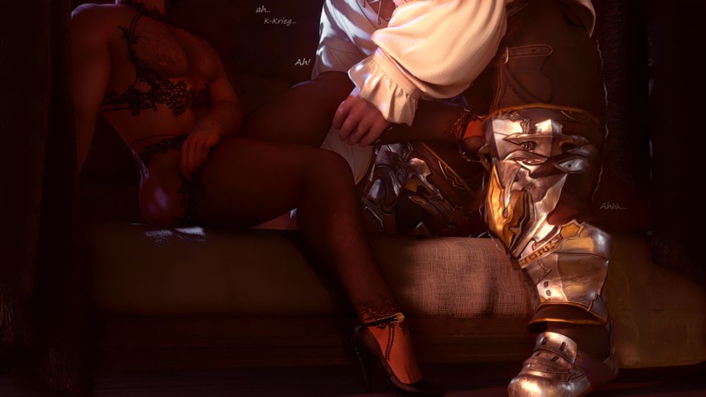 A screenshot of Krieg and Hale. A continuation of the main post photo.

Krieg is no longer wearing the maid dress, the black lace lingerie set that was underneath is now fully visible. He's sitting on the edge of Hale's bed, one arm leaned back to his support his weight as the other crosses over his lap. One leg is lifted up so he can press his heeled foot against Hale's clothed erection.

Hale has one knee propped up on the bed to the side of Krieg, while the other is planted on the floor and holding him up. His leg is shaking as he holds Krieg's lifted leg with one hand and shakily humps Krieg's heel.