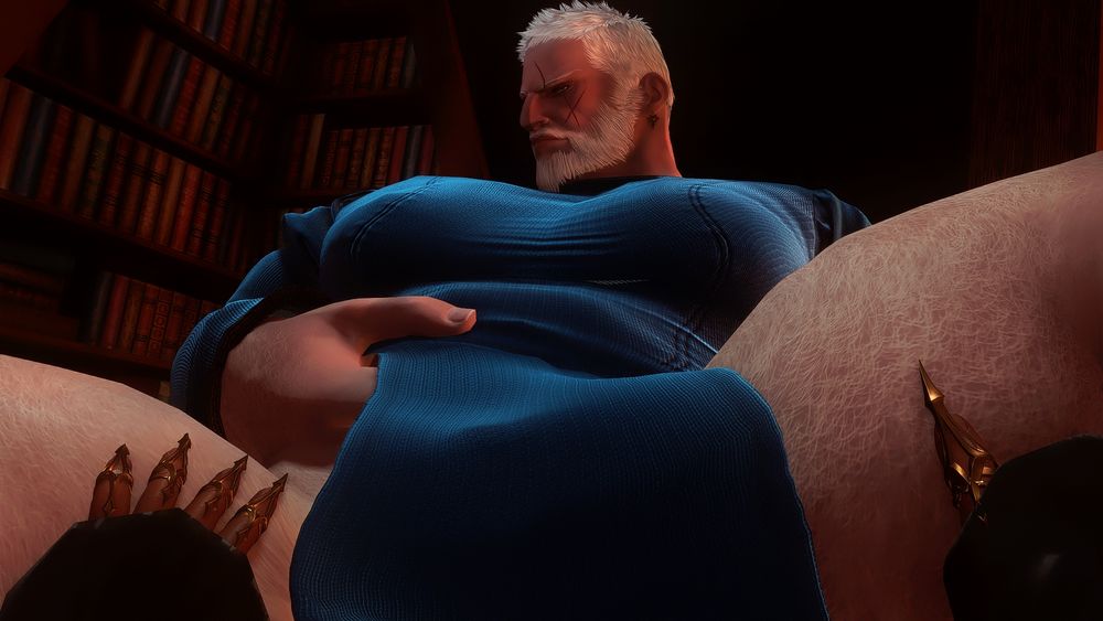 A NSFW screenshot set of my ocs, Hale and Krieg. He is a pale, blonde haired Hellsguard Roegadyn with blue eyes. Krieg is a tan, dark haired Highlander Hyur with amber eyes.

He's dressed in a dark blue double slit dress. The POV appears to be from Krieg, as Hale is sitting on the edge of a seat - his legs being spread by Krieg's hands which are adorned with golden rings and claw jewelry. The front of the dress just barely covers Hale's cock. His head is turned to the but he's looking down at Krieg while blushing.