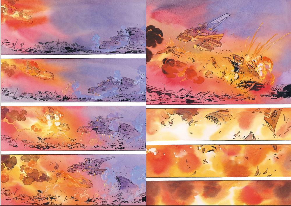 8 panels showing a flaming plane bathe the panel in red as a spaceship takes off in receding blue, escaping as the first plane consumes the remaining panels in fire