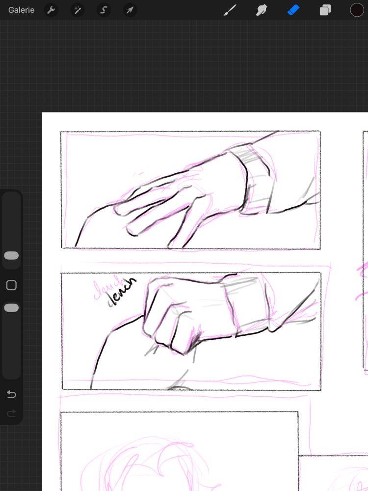Sketches of 2 panels showing hands clenching