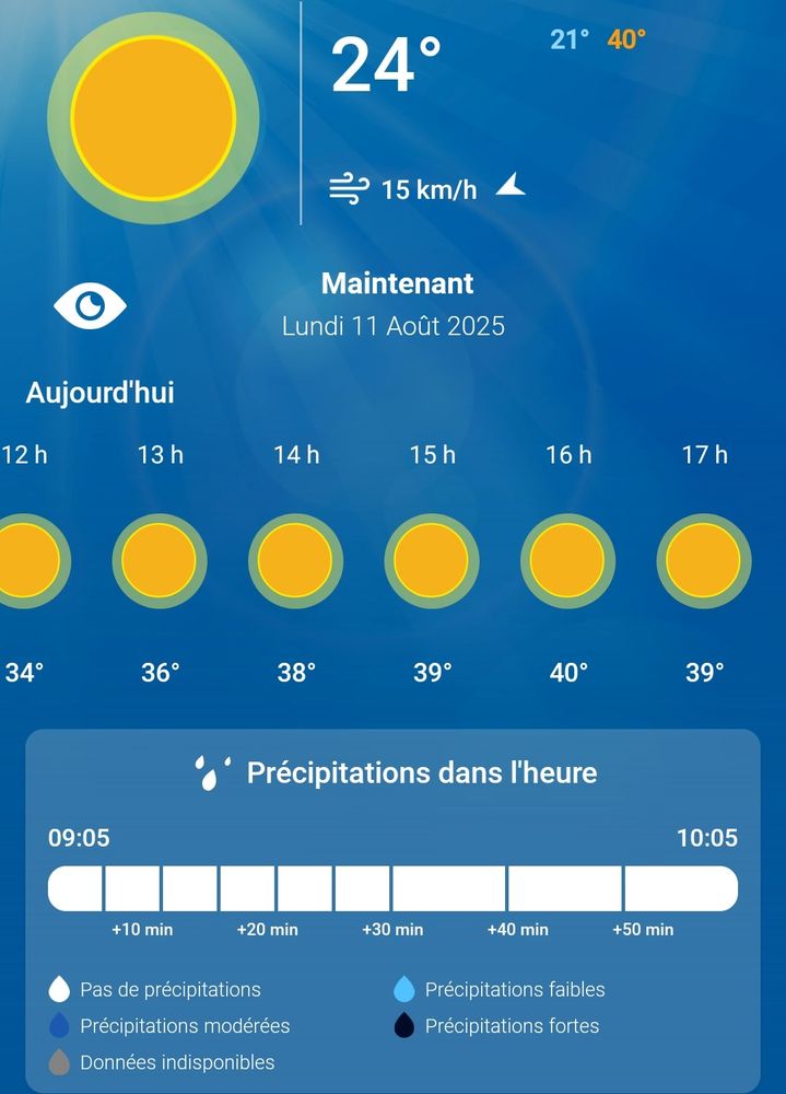 Screencap showing that I live in a place hotter than the sun (36 to 40° today). Goodbye world. 
My white pasty skin and blue eyes will not survive this. 