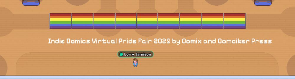 Virtual lorry Jamison next to title of indie comics virtual pride fair