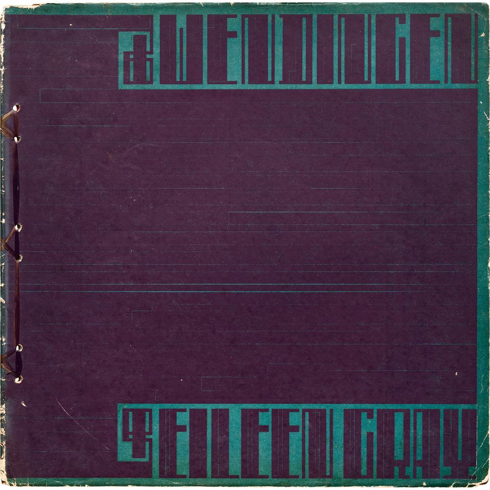 Cover of a square magazine with a cord binding. The inks are purple and teal, and the title “Wendingen” and “Eileen Gray” are in rectangular, high stroke contrast style with no curves. 