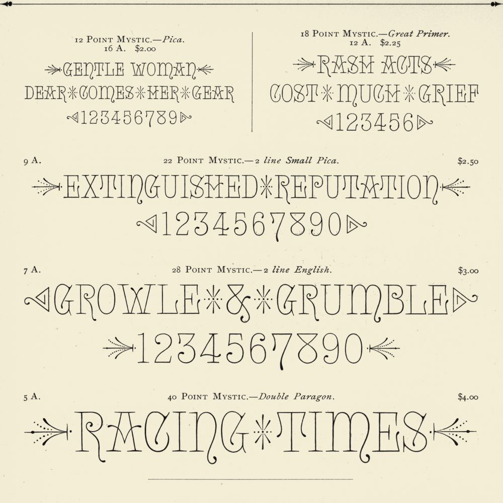 Cropped detail of a specimen page for a decorative display typeface, Mystic, at different sizes. 