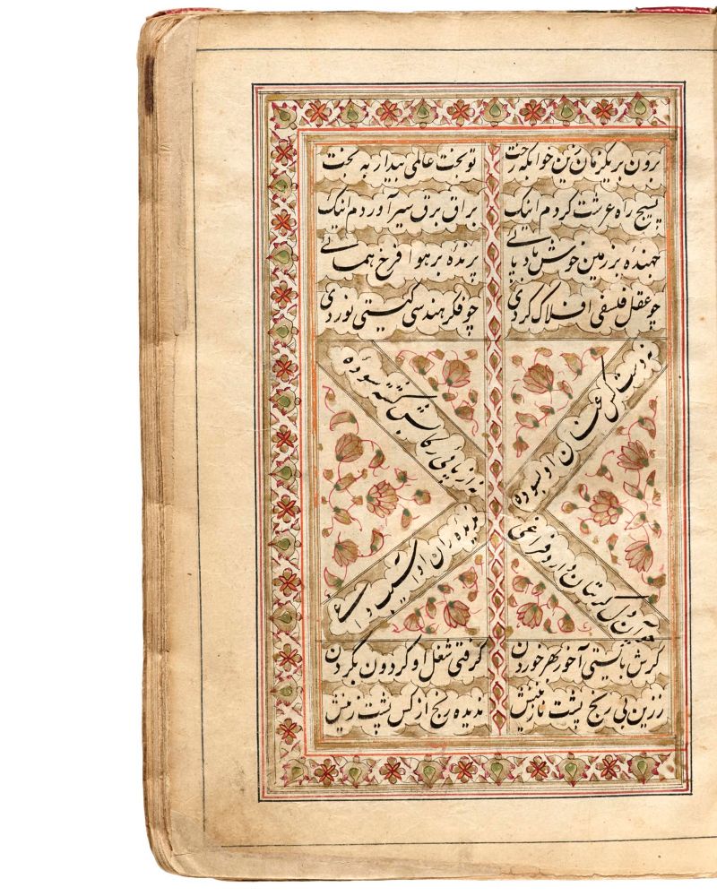 Page from an Arabic script manuscript with diagonally oriented text and decorative borders. 