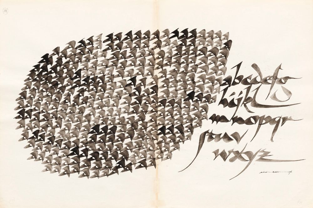 Calligraphic alphabet with hundreds of ‘a’s on paper.