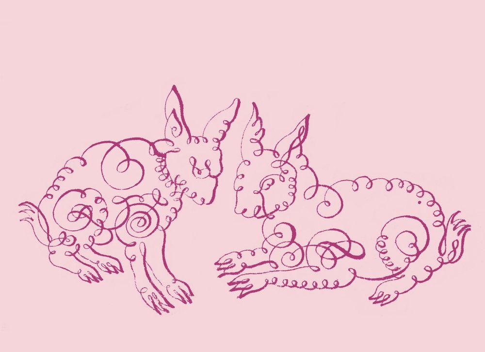 Two rabbits made with twirling calligraphic lines. 