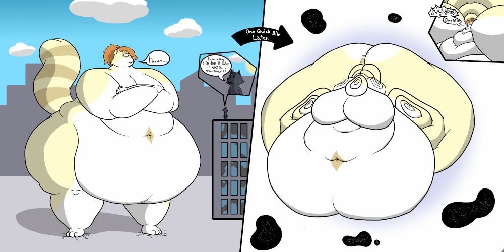 First Panel: A macro Maple is looking down at someone on the roof of an abandoned building as they ask her, "How many bites does it take to eat a multiverse?"

Second Panel: Maple is now a massive blob after she had consumed the multiverse in one bite and there are several other multiverses floating around nearby. "*UUURRP!!* One bite." Maple says in response to the question that was asked.