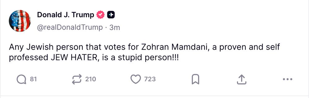 Any Jewish person that votes for Zohran Mamdani, a proven and self professed JEW HATER, is a stupid person!!!