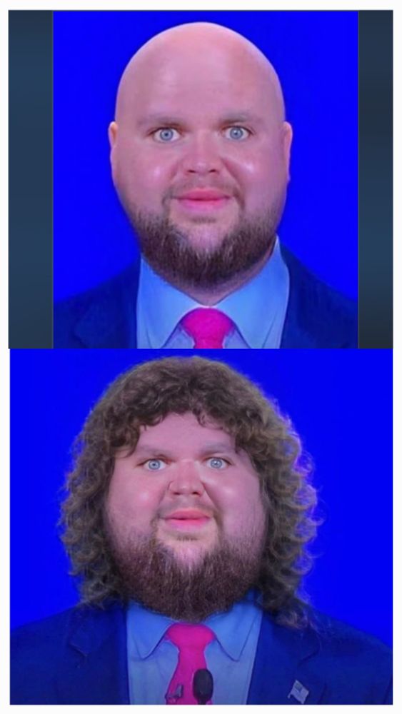 Two stacked photos of the popular Vice President JD Vance meme. The top one is Vance bald and bloated to look like a baby. The bottom photo is the same except he has shoulder length curly hair and looks like a scary Cabbage Patch Doll.