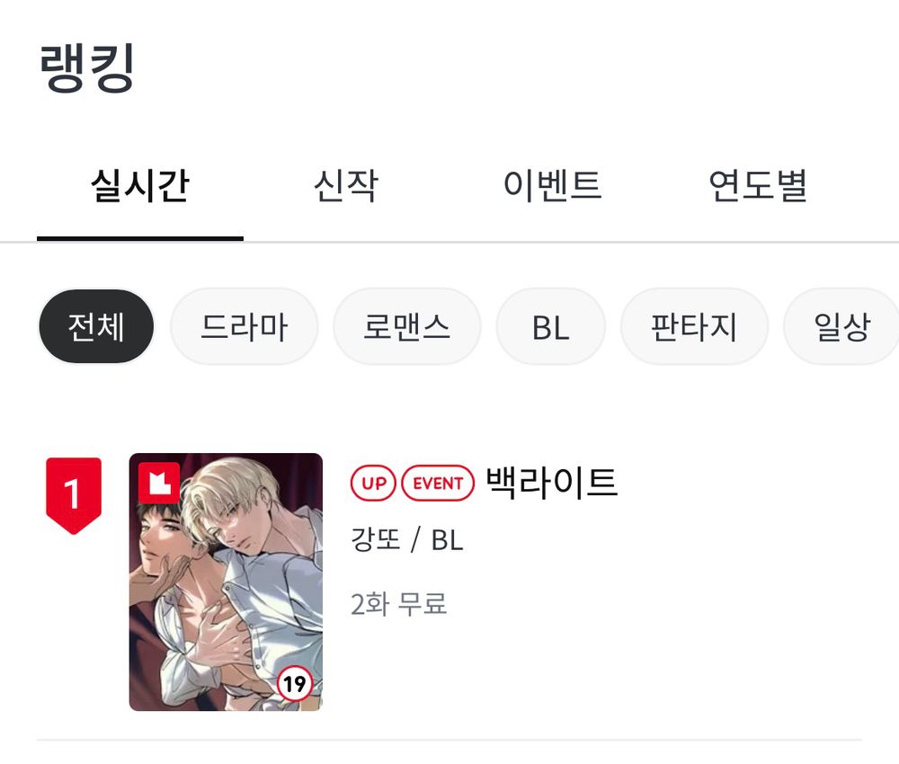 레진코믹스 <백라이트> 실시간 랭킹 1위