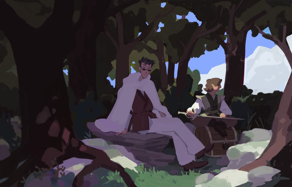 Two dnd characters sitting in a forest clearing. 