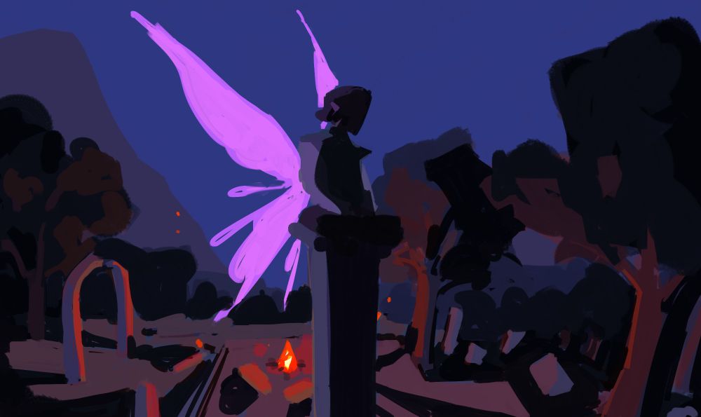 Digital painting of a fairy dnd character with purple glowing wings with ruins and a mountain in the background. 
