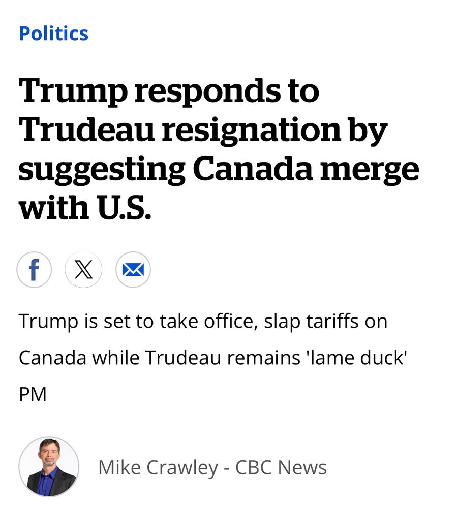 Headline: Trump responds to Trudeau resignation by suggesting Canada merge with US