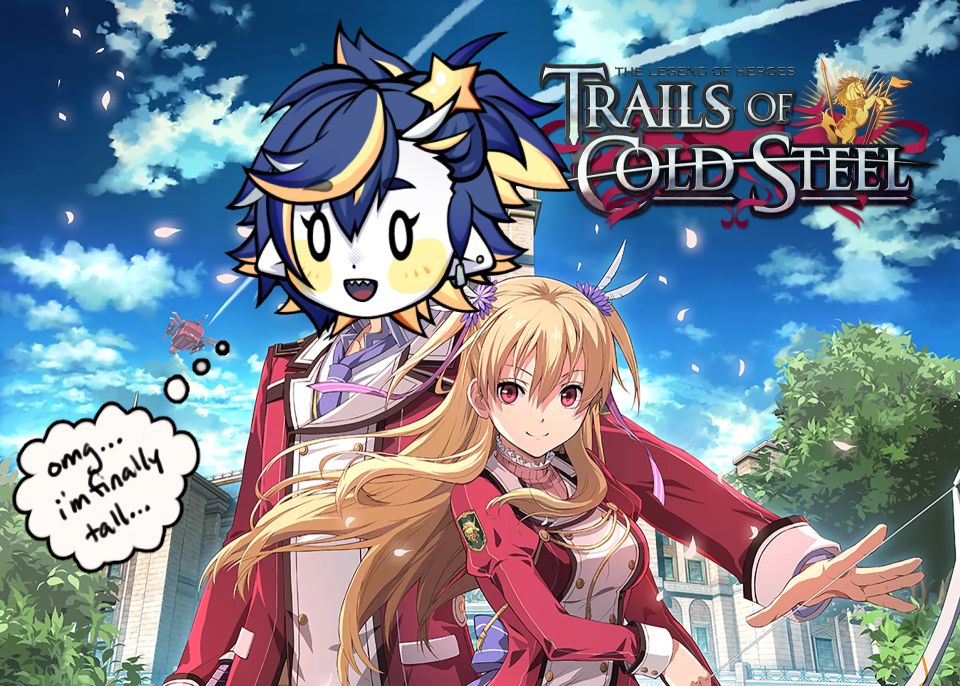 Key art from Trails of Cold Steel. KiSCA's face is pasted on top of Rean's, and they look delighted as they think "omg... I'm finally tall..."