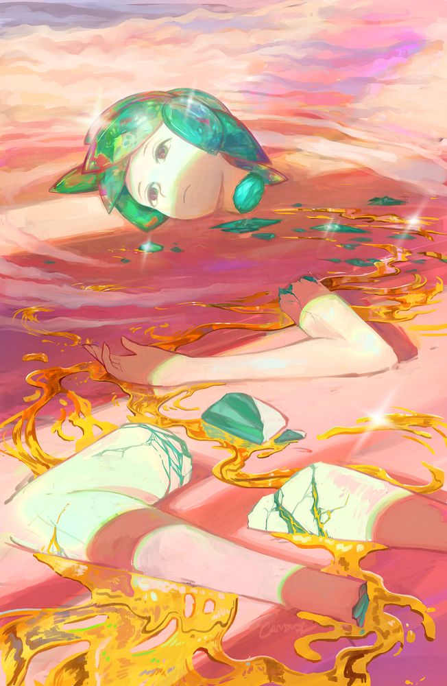 illustration of Phos from Land of the Lustrous laying shattered on the ground 
