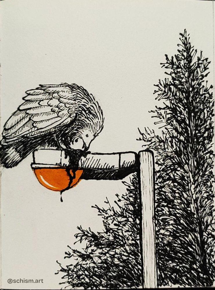 pen and ink drawing of a bird perched on a lightpole, hunched over while eating. There is a tree in the background, and dark liquid dripping from the lightpole.