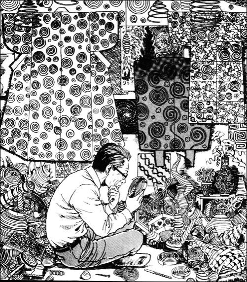 scene from Junji Ito's Uzamaki depicting a researcher lost in concentration over various spiral artifacts