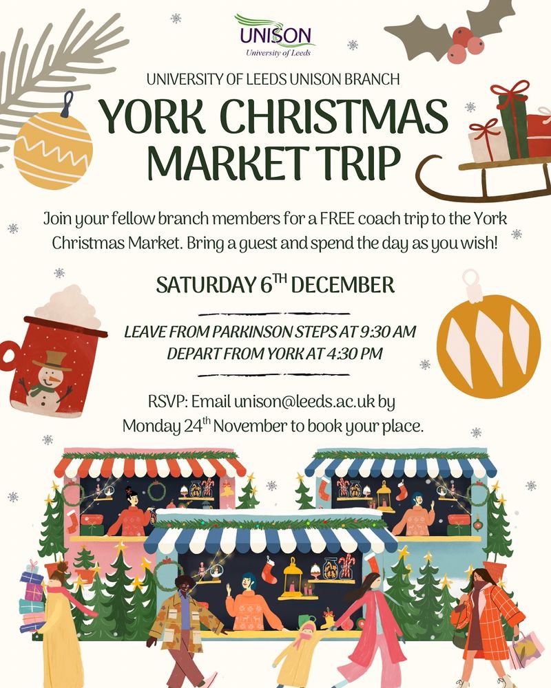 A poster for the trip containing the post information with images of Christmas market stalls, people shopping, a mug of cocoa and baubles