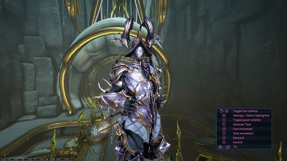 A purple and rose gold clad figure is perched, looking inquisitively out past the camera