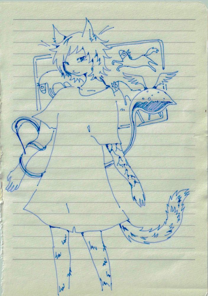 blue fineliner drawing of a catboy in a gown, with a crude bird creature filled with liquid wrapped around his arm. behind him is a screen with simple drawings of racehorses
