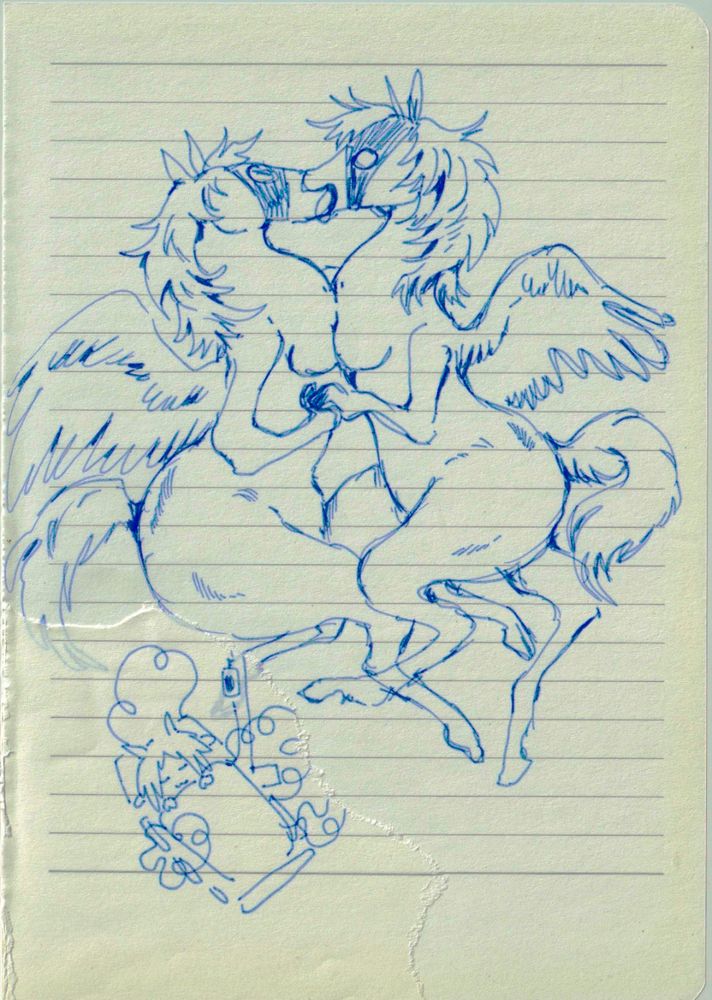 who racehorses with breasts and wings are kissing in the sky. in the corner is a simple drawing of kibble in a hospital bed surrounded by many loopy cords.