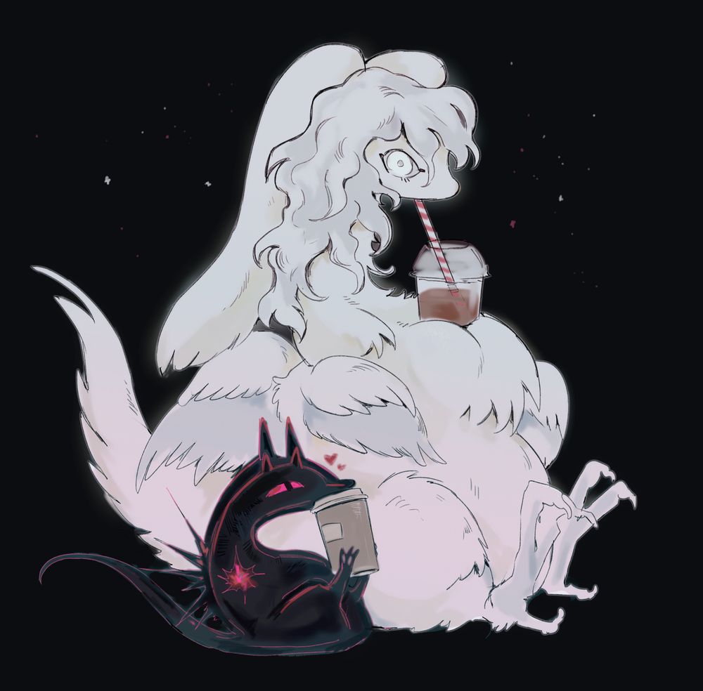 white bird-rabbit looking creature Harbinger and black shadowy refracted creature Star Brew, sitting on their tushies, balancing takeaway coffees on themselves as neither of them have arms
