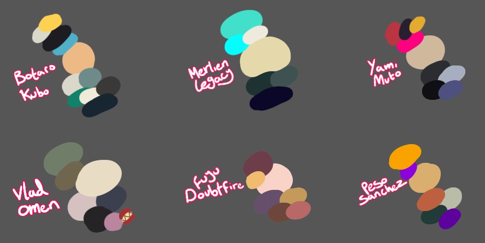 Colour palette and names of the characters.
