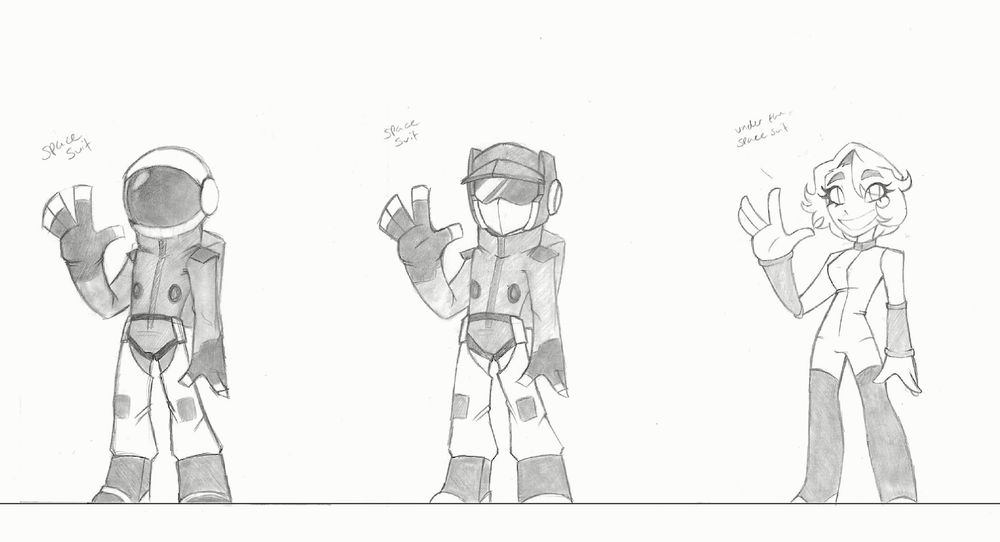 Full body sketches of Daphne and her space suit. The first helmet design is based on the classic astronaut suit, the second is based on soundwave; yes i am a transformer fan and more likely add my OCs as transformers. 