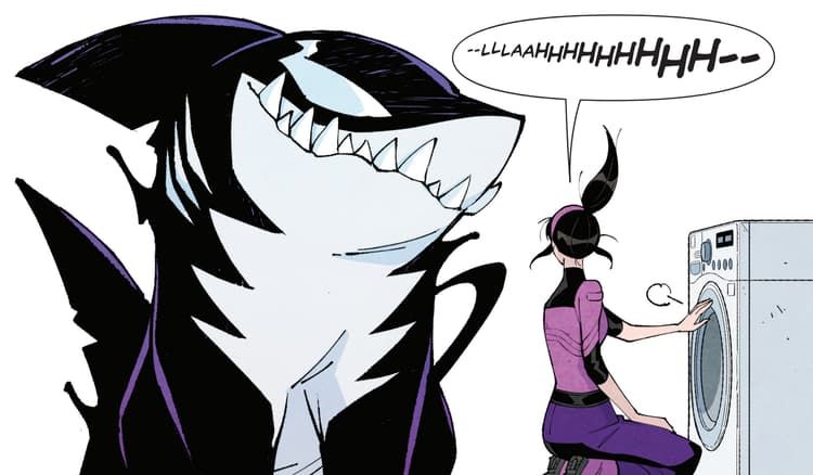 A comic panel of a terrified woman noticing a large orca-like creature with lots of sharp teeth