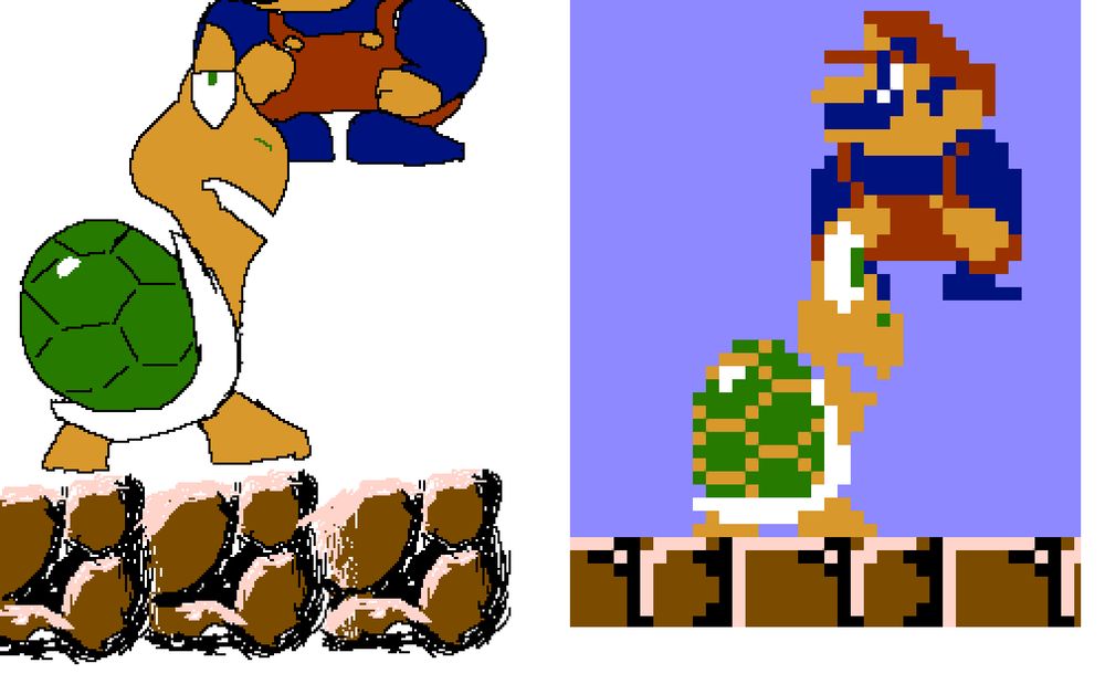 redrawn screenshot of an indev mario fangame i’m making unity, where mario was repeatedly stomping on a koopa troopa