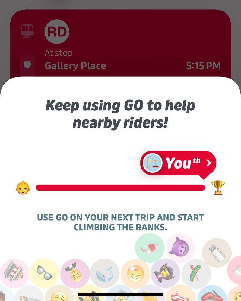 Screenshot of Transit app showing me as in ‘You’th’, as in 4th or 5th but for ‘You’ with a superscript ‘th’, in helping riders on DC’s Red Line this month