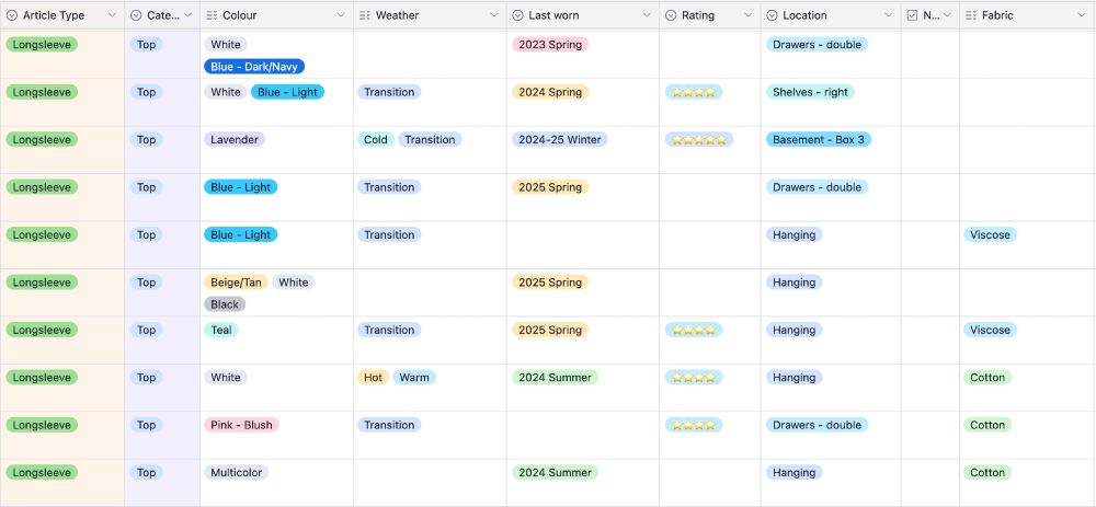 screenshot showing part of a table with the columns: article type, category, colour, weather, last worn, rating, location, n(eeds fixing), fabric. Each field has tags applied to explain the garment specs