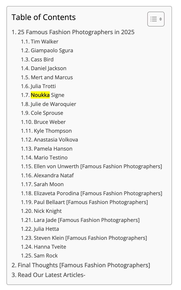 Table of contents from an article called "25 famous fashion photographers of 2025"