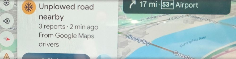 A picture of a Google maps in car navigation showing an unplowed road nearby report from three people. It is June 2nd, 2025 in Pittsburgh, and the car thermometer says that it is 79 degrees Fahrenheit outside.
