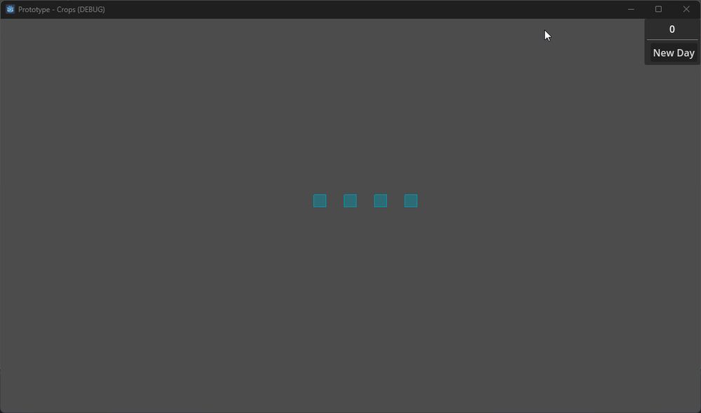 Seeds being planted, watered and harvested when fully grown. A debug button in the top-right to pass to the next day.