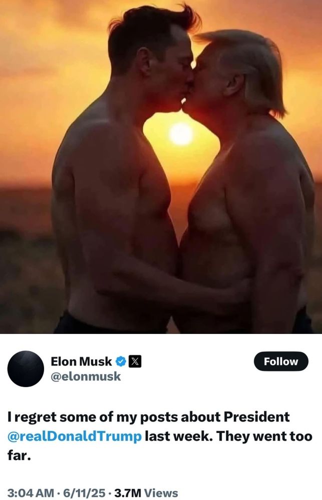 An AI generated image of Trump and Musk kissing, shirtless, at sunset with an image of Musk's "apology" tweet, superimposed.