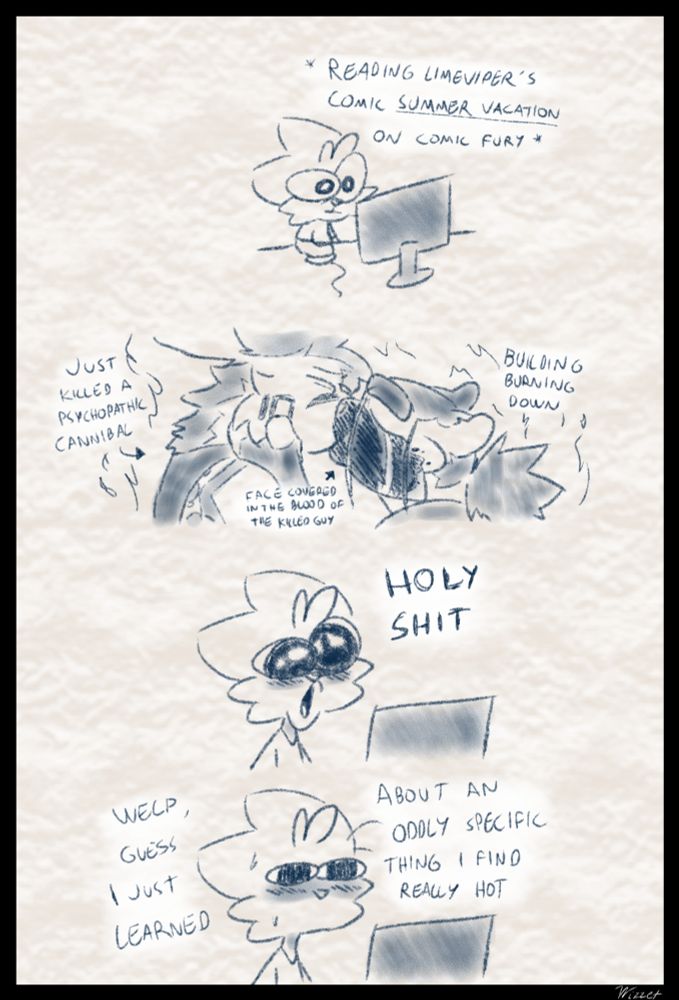 Humanoid cat reading a webcomic called Summer Vacation on a computer and seeing a panel with the two main characters Kaz and Marion kissing with the later's face covered in blood. 
This evokes a feeling inside of the cat and he comes to a realization about this and is a little embarassed about it.