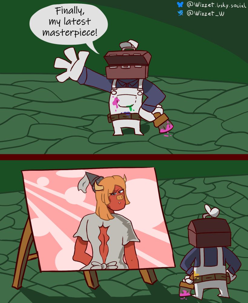 Painter boss from Castle Crashers admiring their latest painting of Princes Herbert