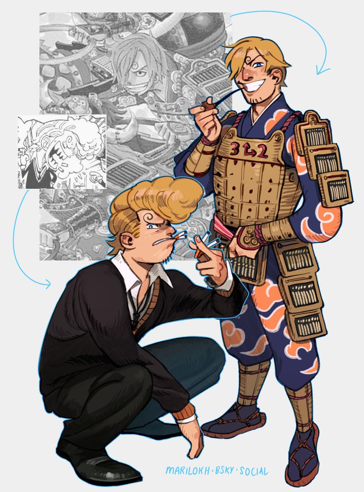 a digital drawing featuring sanji from one piece in two different outfits. one is reminiscent of samurai garb in blue and orange, while the other is a school uniform with a delinquent's pompadour.