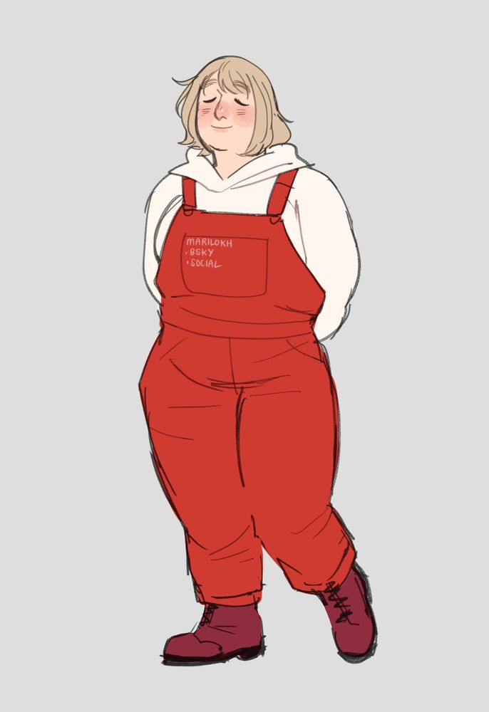 a digital sketchy drawing of falin from dungeon meshi wearing red overalls over a white hoodie and cherry boots.