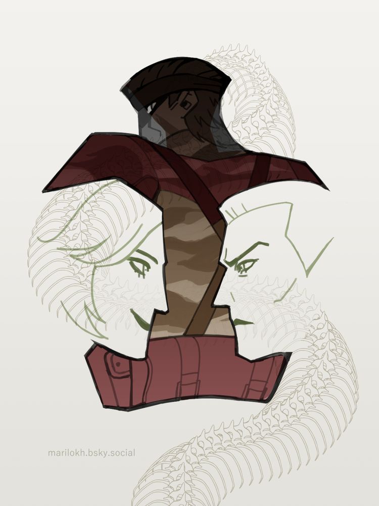 a digital drawing of the apple art trend, featuring two side profile faces drawn into an apple core. only the apple is the back of naked snake from metal gear solid 3, and the faces are eva and ocelot. a snake spine runs from naked snake's head around the apple and down the image.