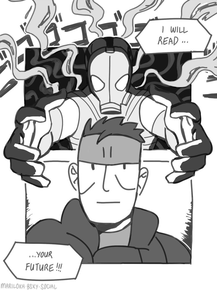two of four comic pages in greyscale, drawn in a simple cartoony style featuring metal gear solid characters. the first page: psycho mantis, surrounded by menacing tendrils and a dark atmosphere, says to snake, “I will read your future!”, reaching out his hands beyond the panel as though to surround snake’s head in the panel below.