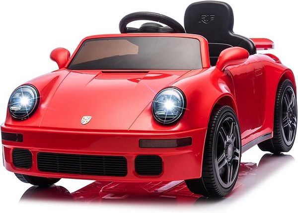 A product photo of a kid-sized ride-on Porsche 911. It's bright red and it looks kinda like a classic air-cooled 964 from the early nineties. Vroom!